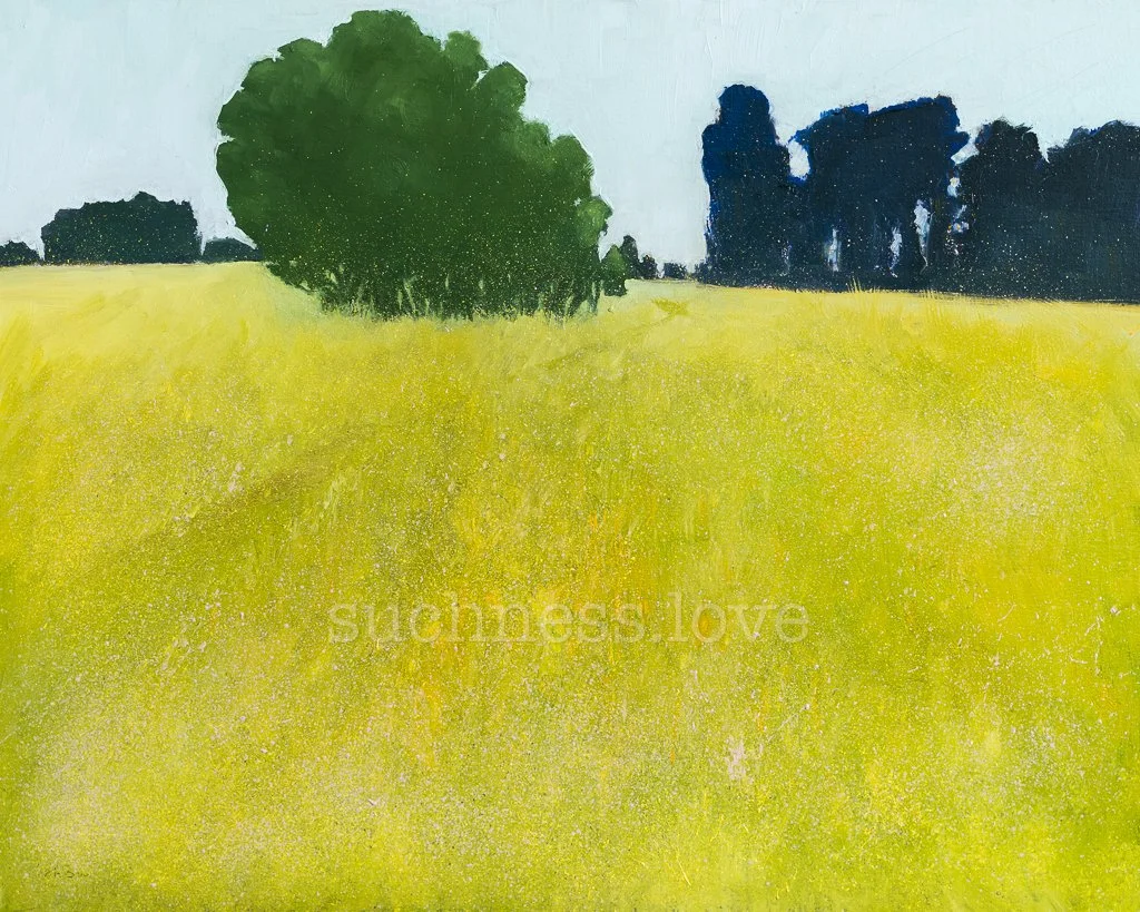 A painting of a landscape with a large green tree in the center, dark blue trees in the background, and a yellow field in the foreground with the word "shadeslove" faintly visible.
