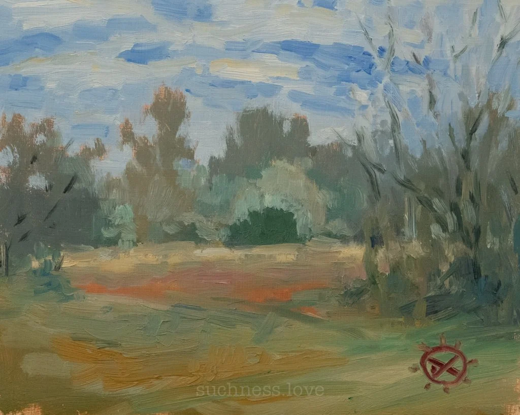 An impressionist-style landscape painting of a park or countryside scene with trees, a cloudy blue sky, and a dirt path or field. A red crossed-out circle symbol is in the bottom right corner.