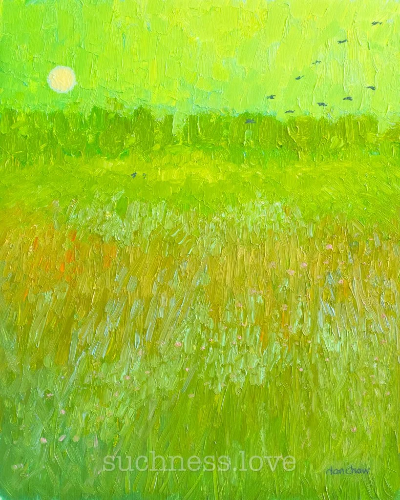 A bright, impressionistic painting of a sunny green field with a yellow sun in the sky and birds flying above, with a blend of vibrant green, yellow, and hints of pink, created with thick brushstrokes.