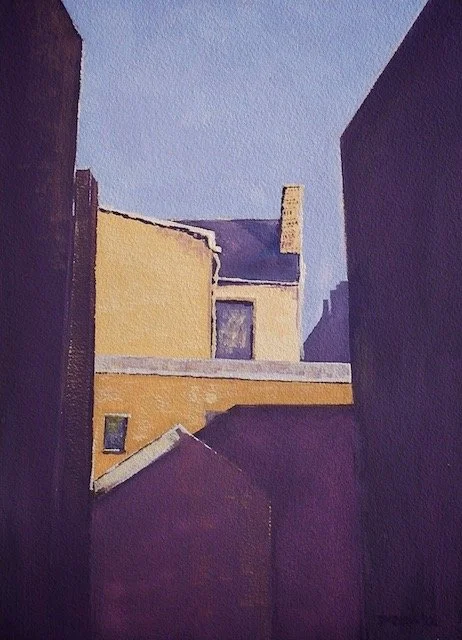 A painting of a cityscape showing buildings with a clear sky above, viewed from a narrow alley or gap between buildings.