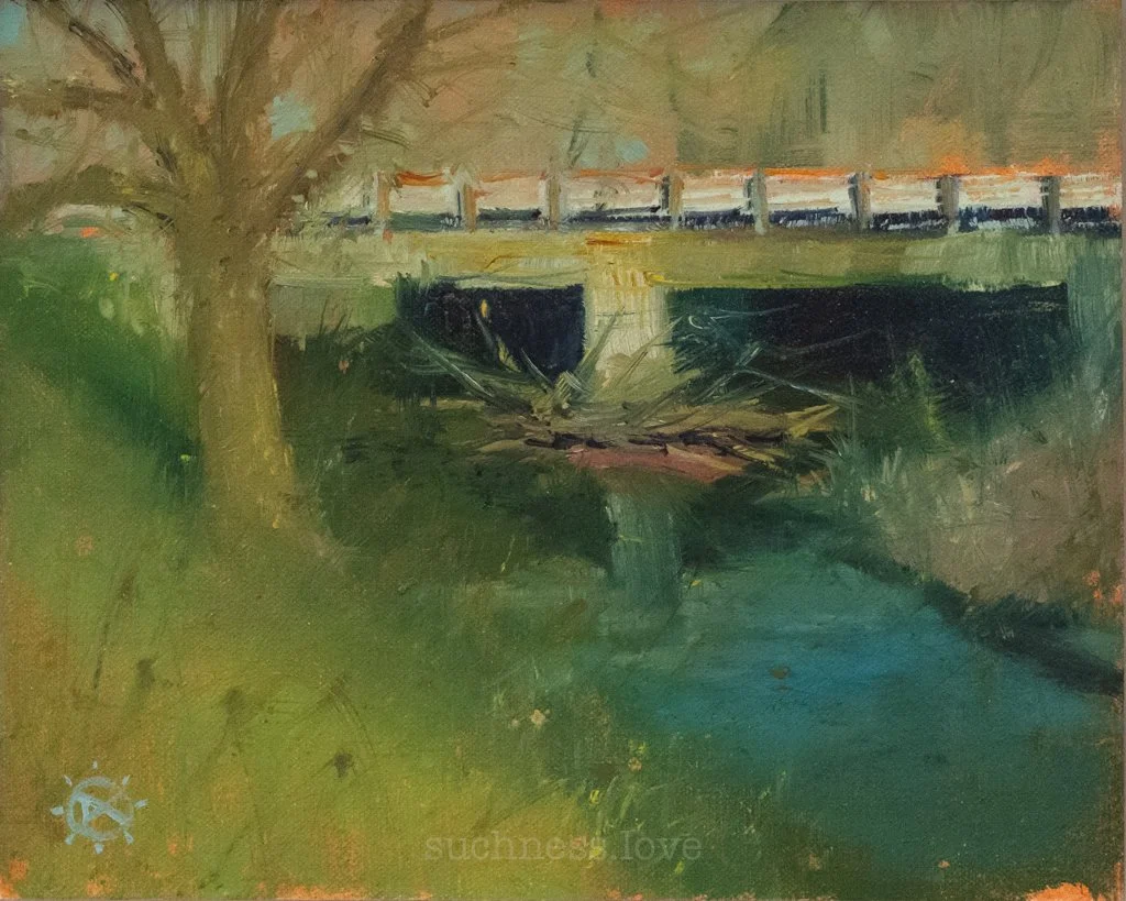 An impressionistic landscape painting of a bridge over a small stream with green grass and a large tree on the left side.