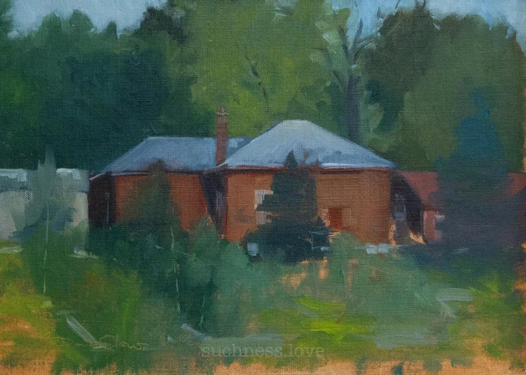 A painting of a red brick house with a gray roof, surrounded by green trees and foliage.