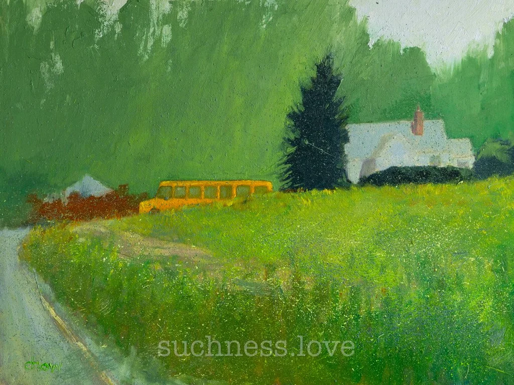 A painting of a rural landscape with green grass, a dirt path, a yellow bus, a house with a chimney, and trees.