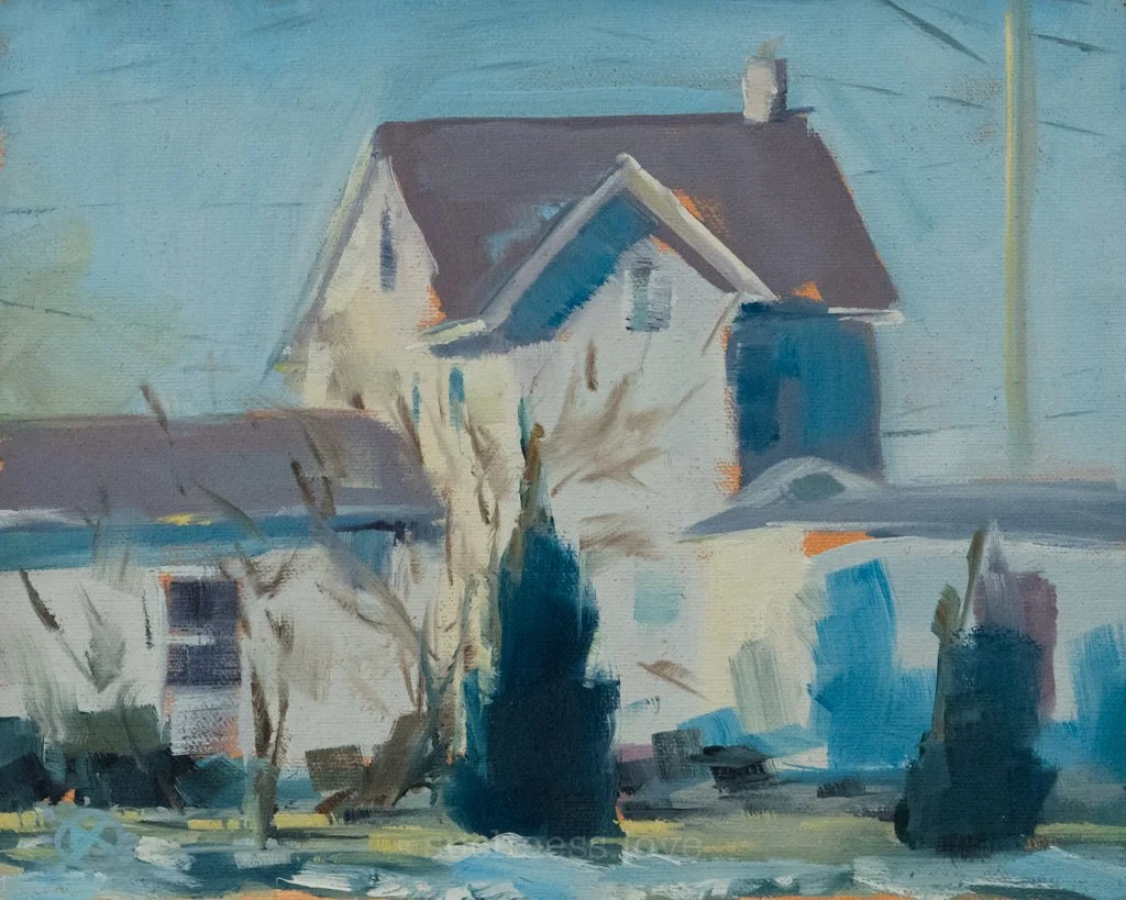 A painting of a house with a gabled roof, surrounded by leafless trees and shrubs, with a cloudy sky in the background.