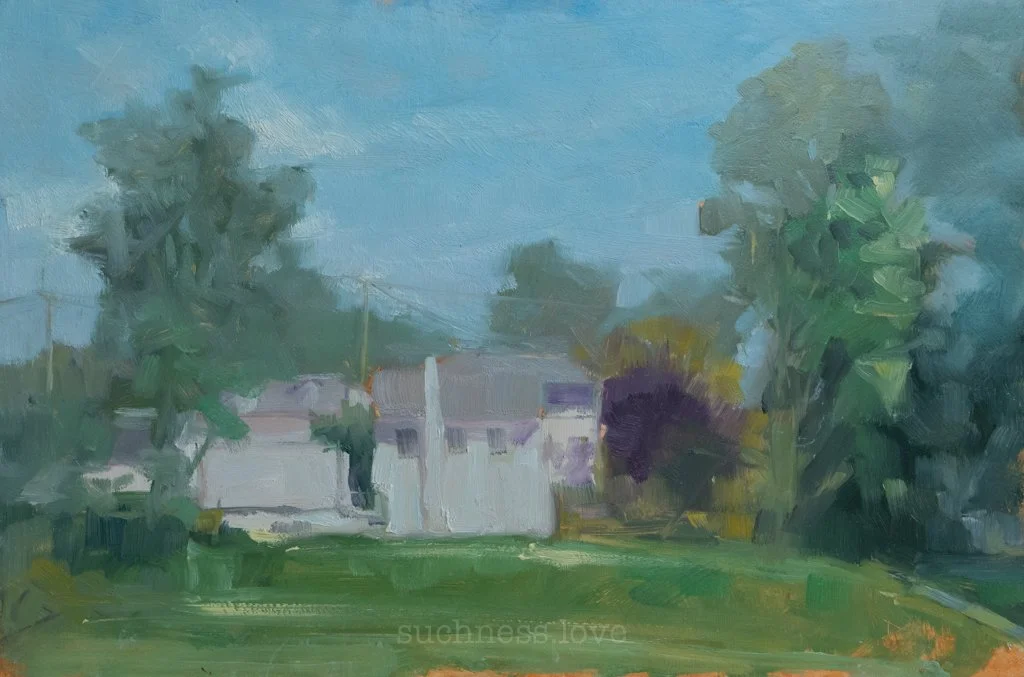 A painting of a backyard scene with two trees, a house, and a lawn with a cloudy sky.