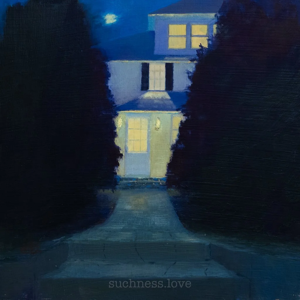 Nighttime painting of a house illuminated by yellow windows, viewed through a narrow dark pathway lined with trees.