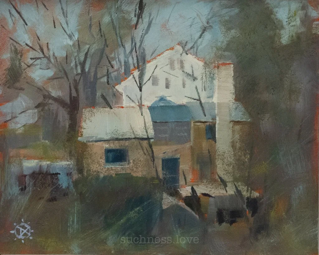 A watercolor painting of a house surrounded by leafless trees, with a cloudy sky, and the words "suchness.love" at the bottom.