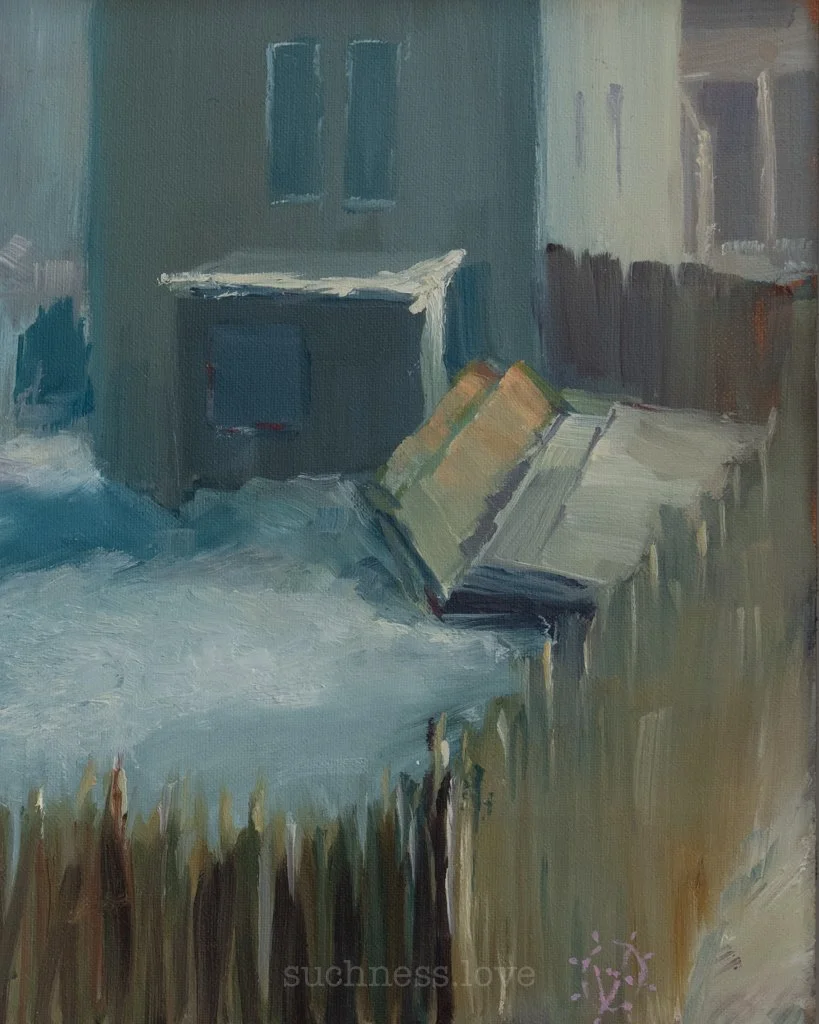 A painting of an outdoor snow-covered in soft, muted colors.
