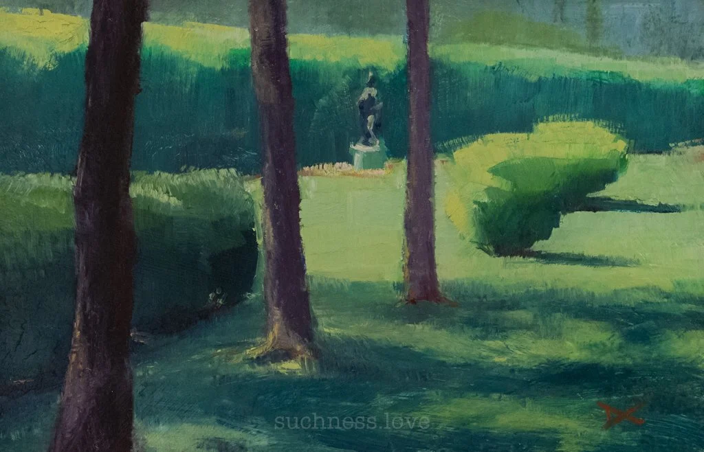 A painting of a park scene with trees, green grass, and a statue in the background. Shadows of trees are cast on the ground.