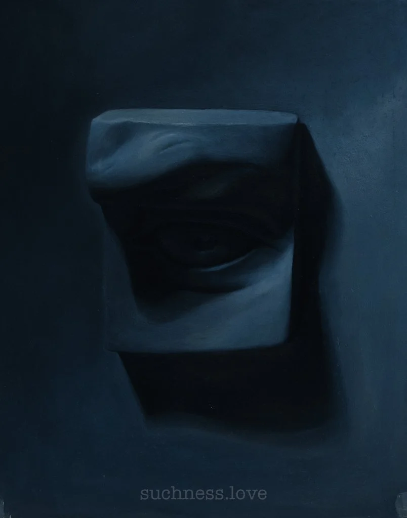 Painting of cast eye, partially obscured by shadow, mounted on a dark background.