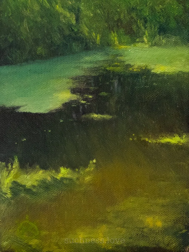 An abstract landscape painting depicting a green and black forest with a small body of water reflecting the trees.