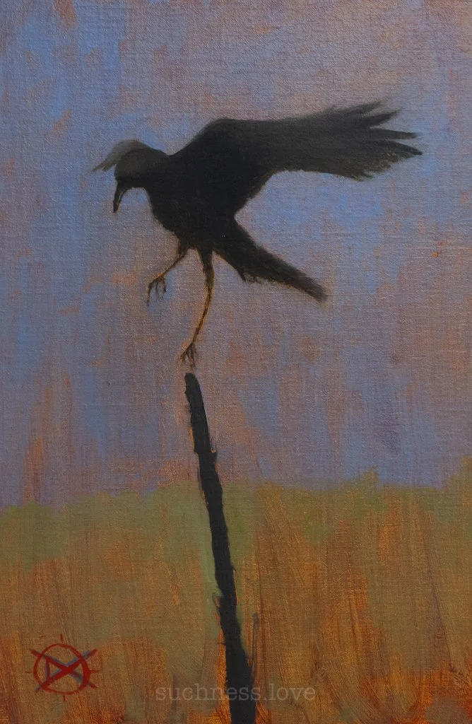 A black silhouette of a bird perched on a thin branch with a colorful sky background.