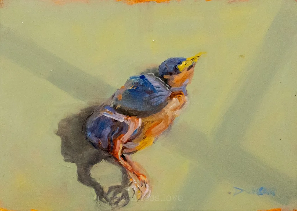 Painting of a small bird with a blue back, yellow head, and orange belly, perched on a surface with a soft shadow.