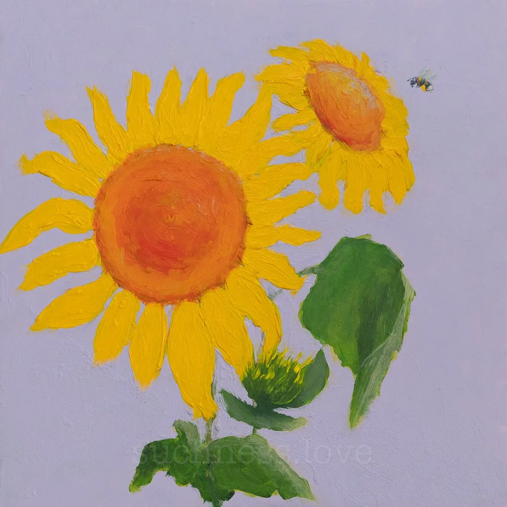 Painting of two sunflowers with yellow petals and orange centers, green leaves, and a small bee flying nearby against a light purple background.