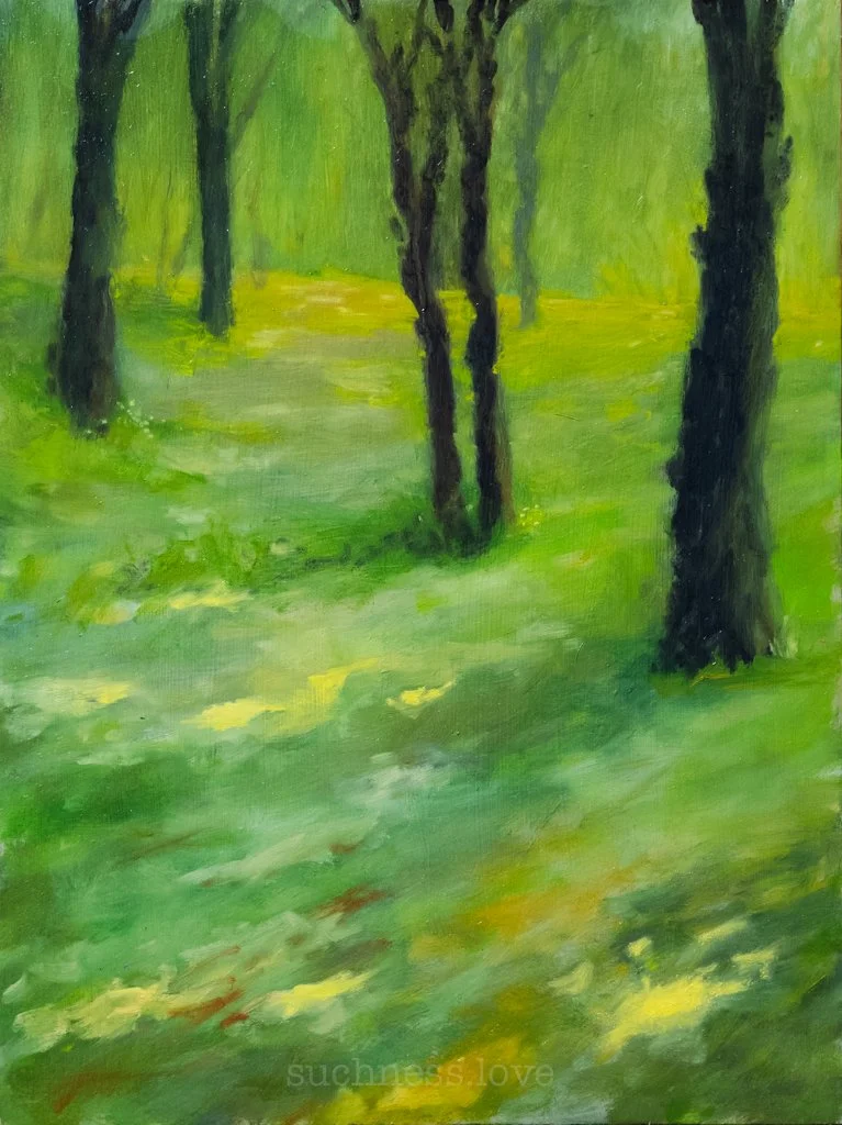 A painting of a green forest with trees on a grassy ground, sunlight filtering through the leaves.