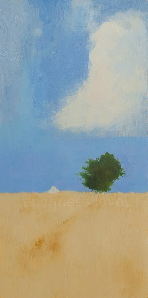 A landscape painting of a clear day with blue sky, large white cloud, a solitary green tree, and a small house in the distance on a yellow field.