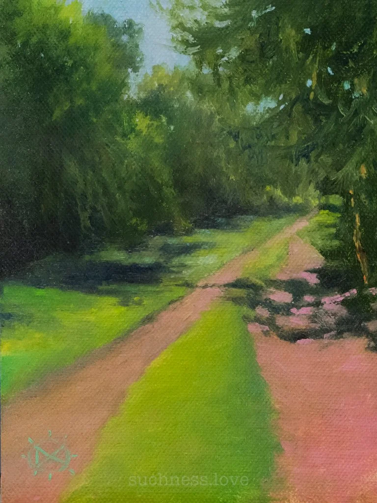 A painting of a dirt path running through a lush green forest with trees on both sides, sunlight filtering through the leaves.