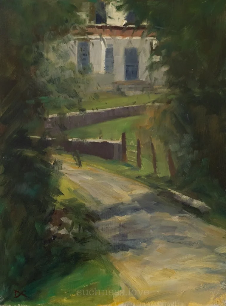 A painting of a winding dirt road leading up to a house with a porch, surrounded by trees and greenery.