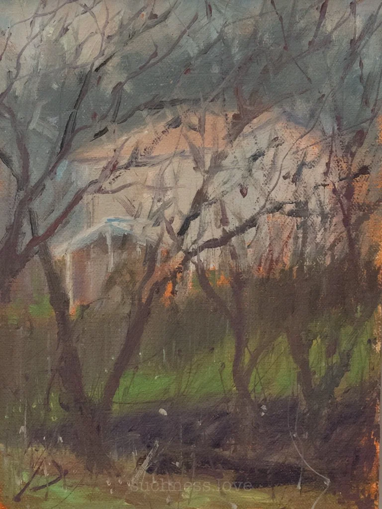 A watercolor painting of leafless trees with twisting branches on a grassy landscape, with abstract hints of rocks or mountains in the background.