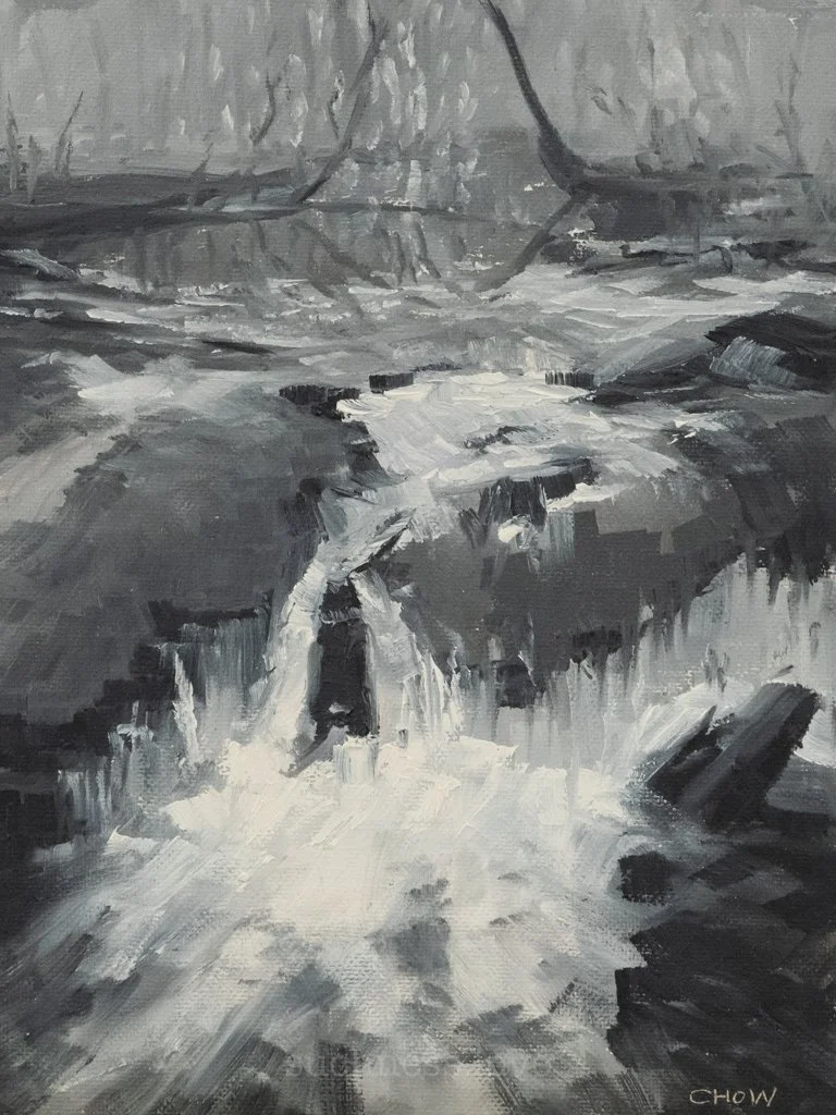 A black and white painted landscape of a rushing stream flowing through rocks in a forest.