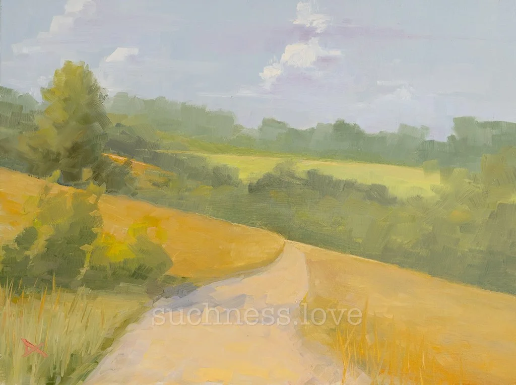 A rural landscape with a winding path, green trees, yellow fields, and a partly cloudy sky, painted in an impressionistic style.