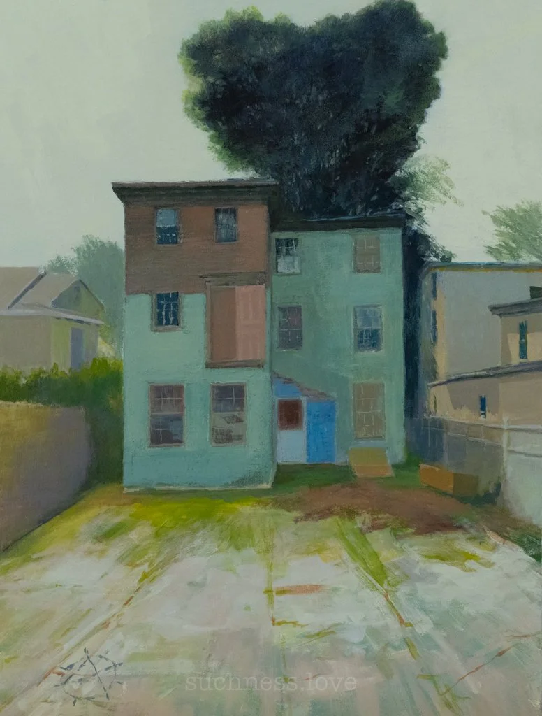 An artistic painting of an old, multicolored building with a large tree on top, surrounded by other buildings and a paved ground in the foreground.