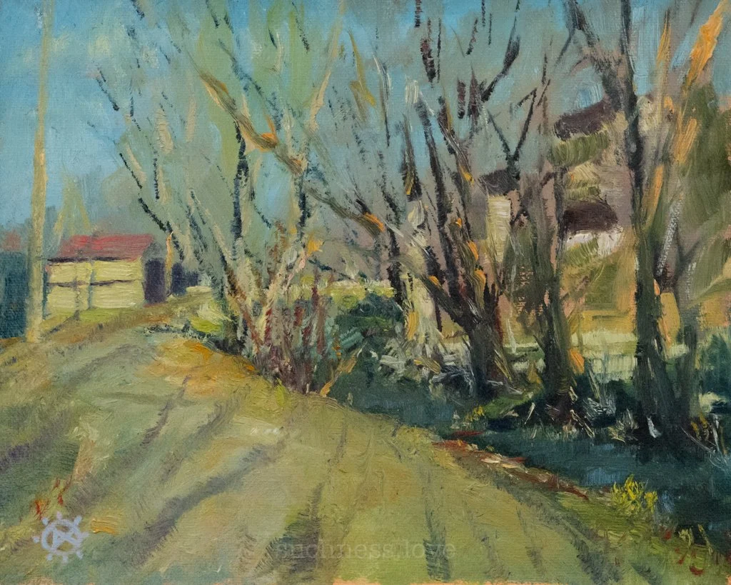 A rural landscape painting depicting a dirt road alongside a small stream, with trees on the right and a house with a red roof in the distance on the left under a blue sky.