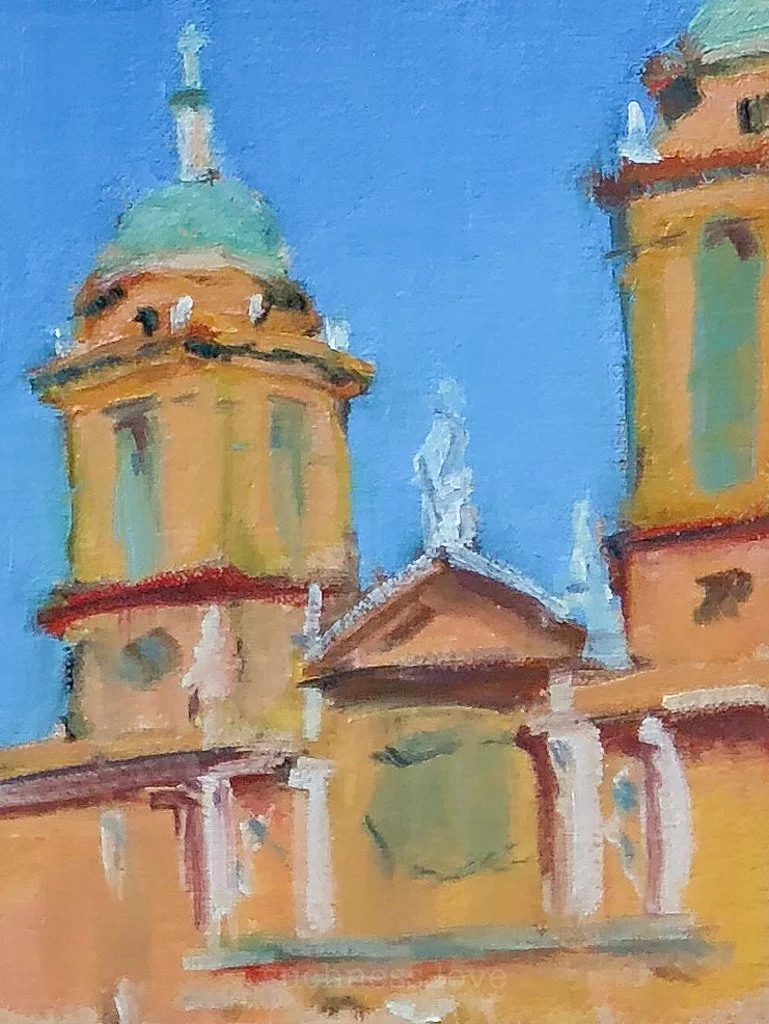 A painting of a building with two towers topped with green domes, against a bright blue sky.
