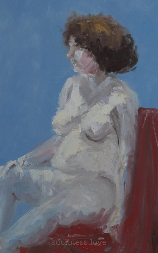 An impressionistic painting of a woman with curly brown hair sitting on a red chair, wearing a white dress, against a blue background.