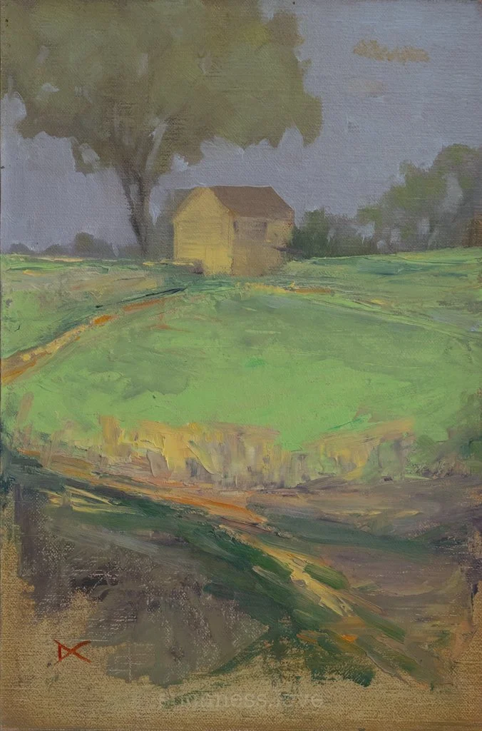 A landscape painting with a grassy field, a house with a brown roof, a large tree, and a cloudy sky.