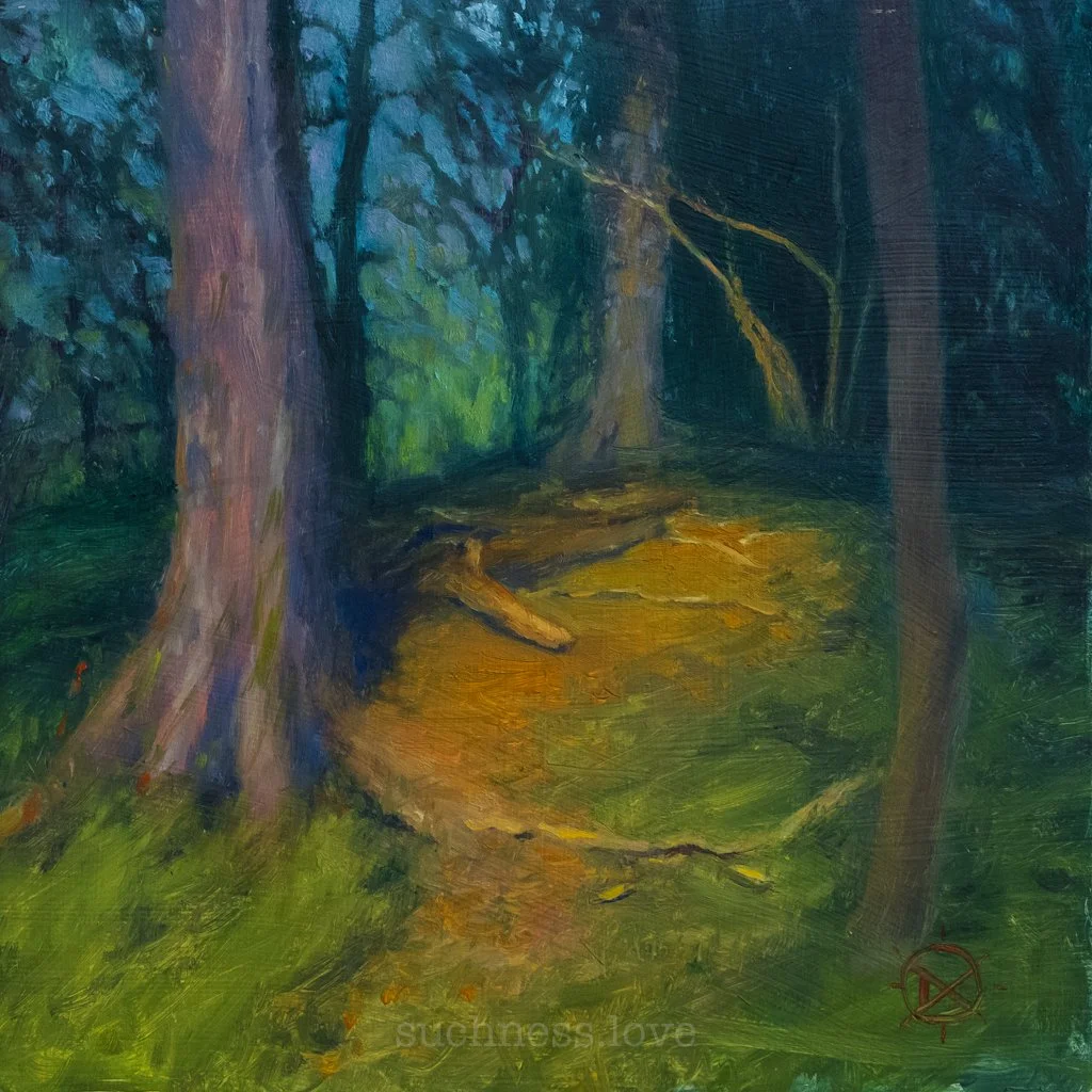 A painting of a forest path through tall trees with green leaves, sunlight filtering through, and a heart shape carved into the ground near the center.