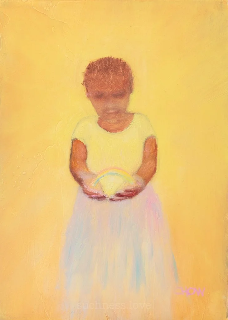 A young girl wearing a white dress holding a small rainbow-colored umbrella against a yellow background.