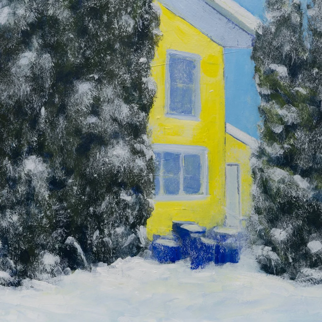 A painting of a yellow house partially obscured by large dark green trees with snow on the ground.