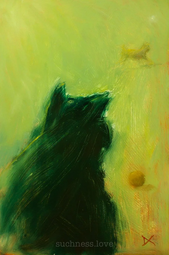 Abstract painting of a black cat with a green background and a small fish in the top right corner.