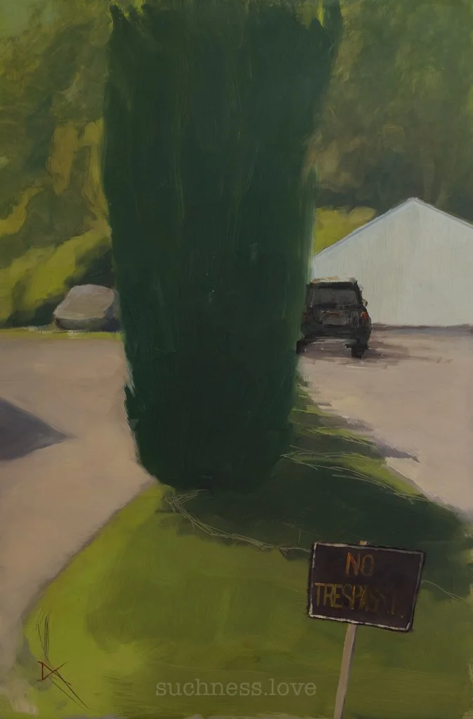 Painting of a parking lot scene with a large green tree in the foreground, a black car, a white building, background trees, and a 'No Trespassing' sign in the grass.