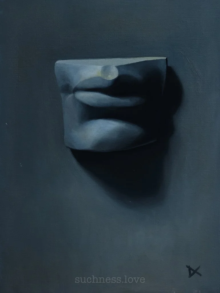 A dark painting of a 3D face sculpture with lips, nose, and chin, casting shadows against a gray background. 