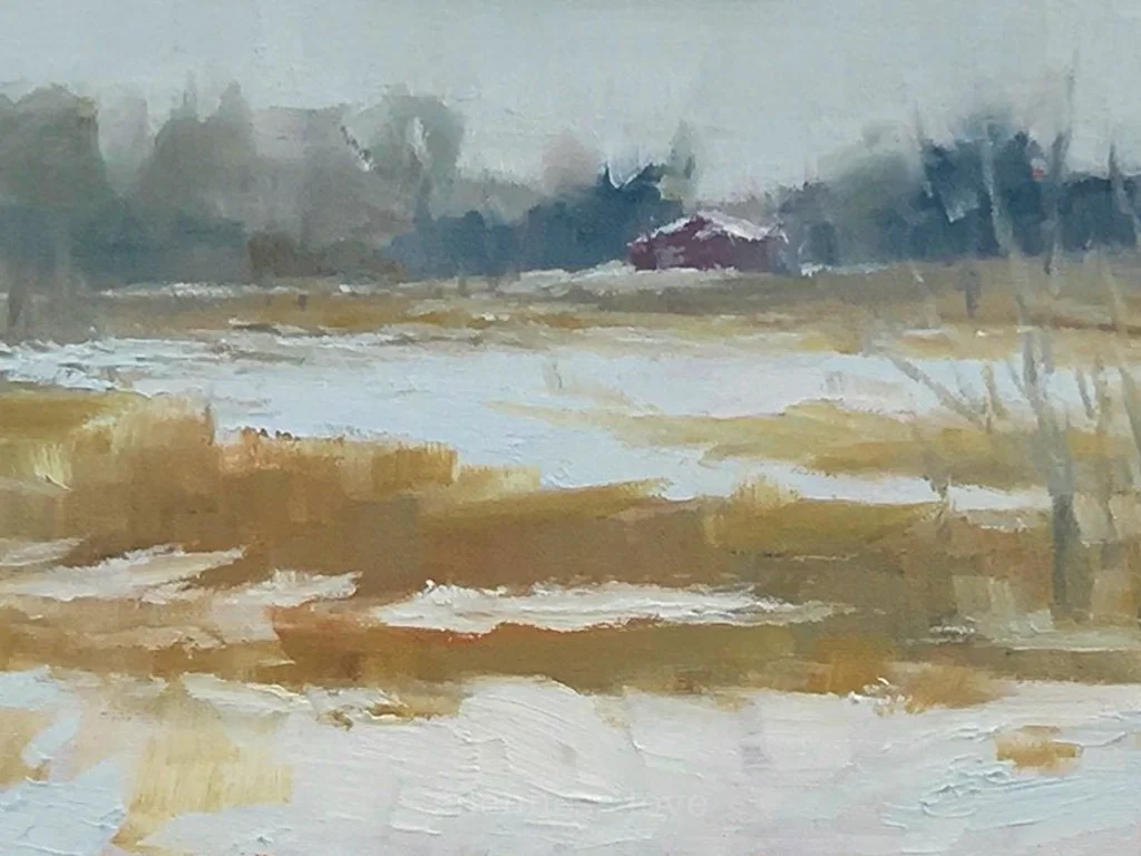 A landscape painting of a rural scene with open fields, some water, and distant trees under a cloudy sky, with a muted color palette.