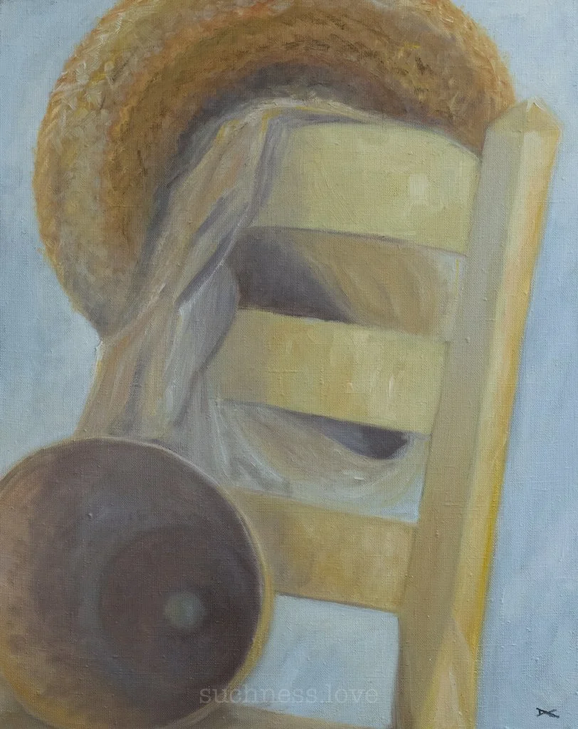 Painting of a wooden chair with a wide brimmed straw hat resting on the backrest, flowerpot on the seat, and a light-colored cloth draped over the chair's side.