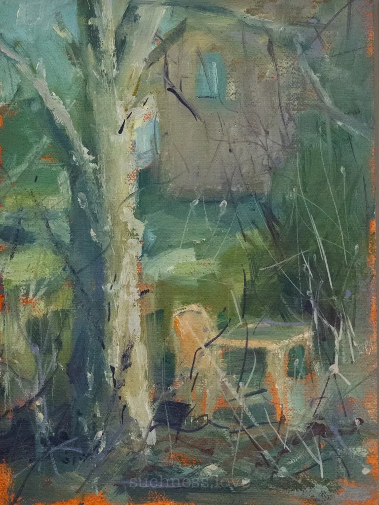 An abstract painting of a large tree with a textured trunk, surrounded by abstract green and earthy-colored shapes suggesting foliage and ground.