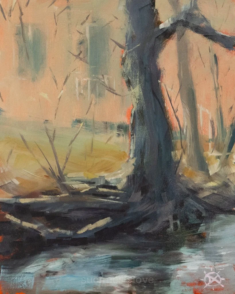 An abstract painting of a large tree with dark, textured bark near a body of water, with a background of soft, muted colors and hints of greenery.