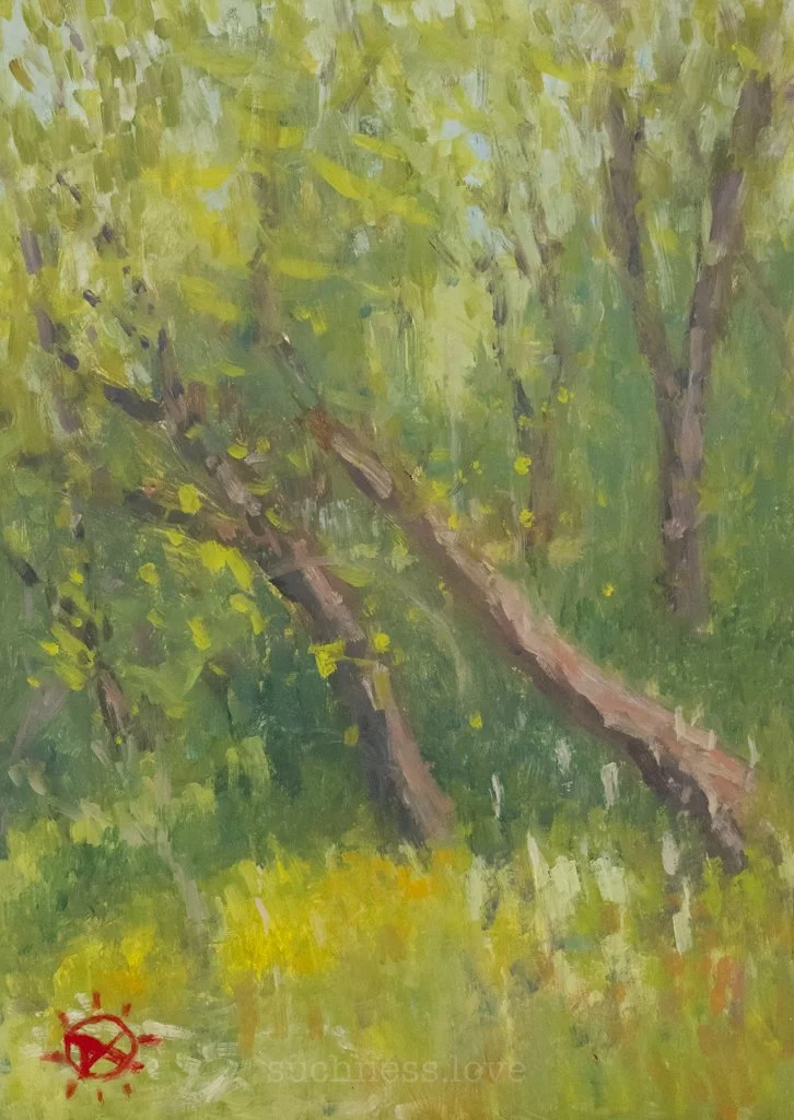 An impressionistic painting of a fallen tree in a lush green forest, with a dense canopy of leaves and sunlight filtering through.