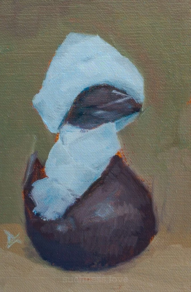 A still life painting of a mushroom on a brown surface, with a dark brown cap and a white stem.