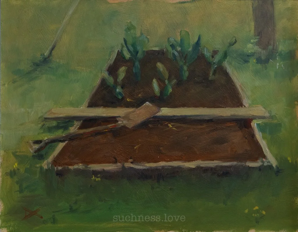 A painting of a wooden garden bed with cactus plants ,and a board and shovel across the garden bed.