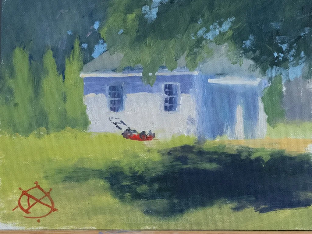 Neighbor's Red Mower next to Garage on Birch Street, Kennett Square. Oil on panel. 6 by 8.