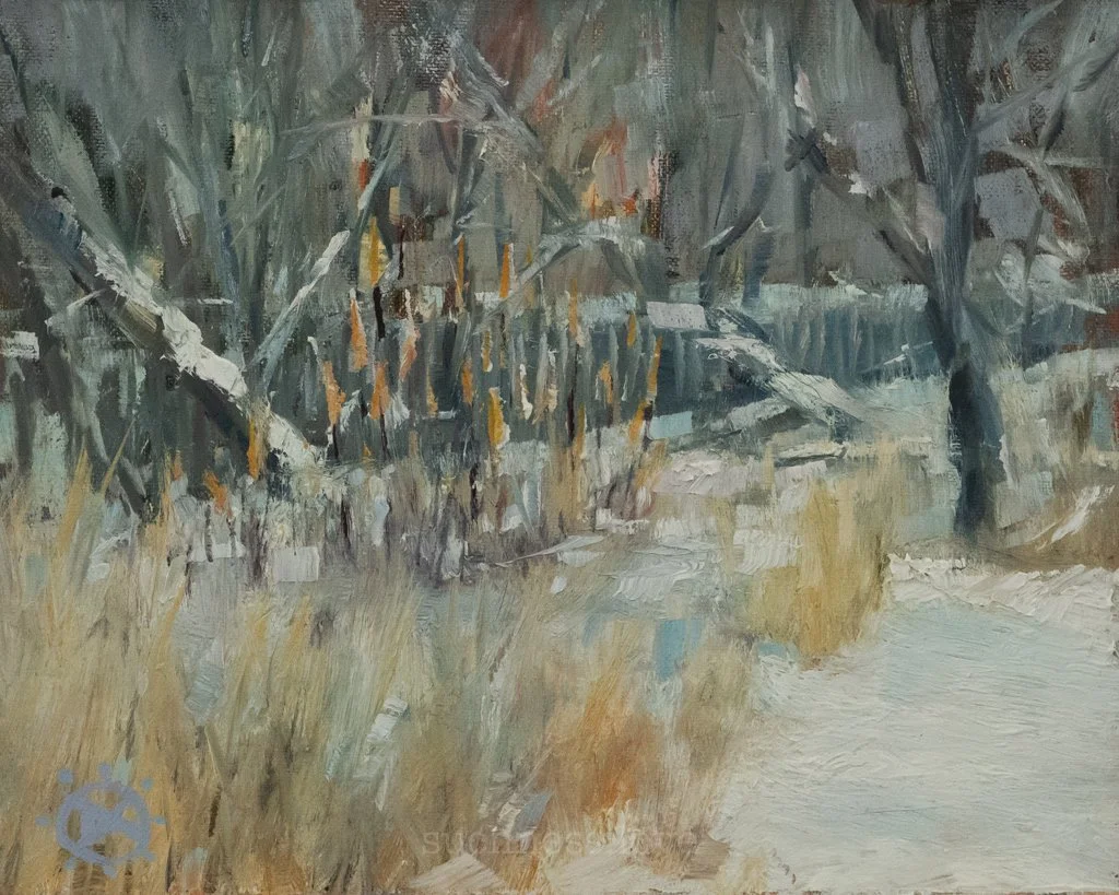 An impressionist painting of a wooded landscape with trees and tall grass, possibly near a water body.