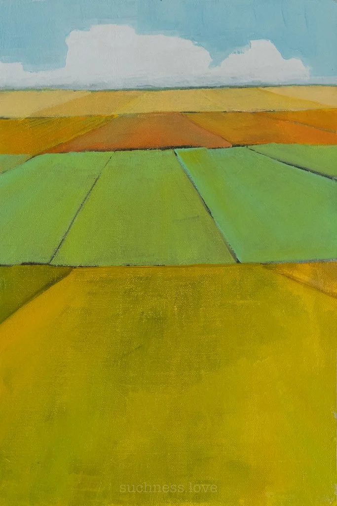 A colorful abstract landscape painting featuring fields in green, yellow, and brown under a blue sky with clouds.