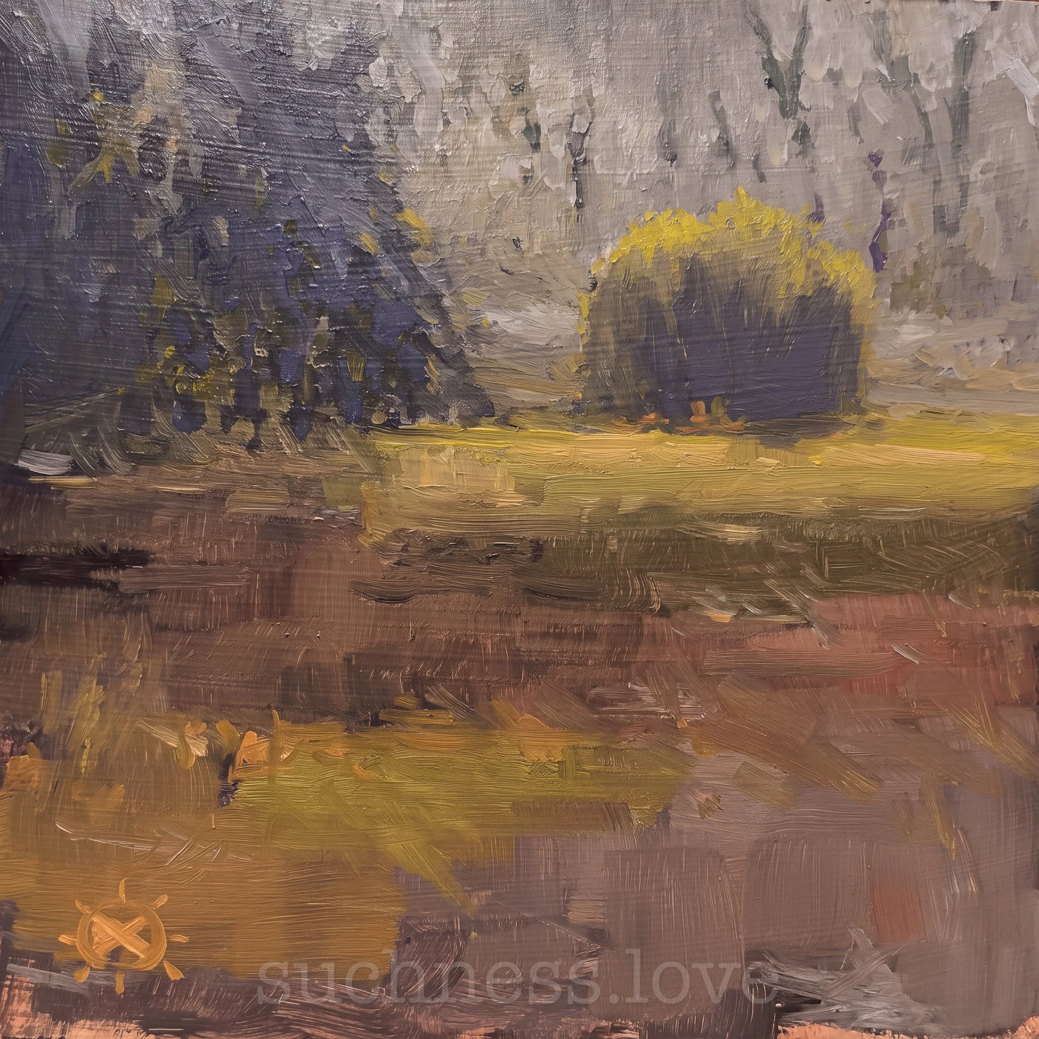 Abstract impressionistic painting with textured brushstrokes in shades of purple, yellow, brown, and gray.
