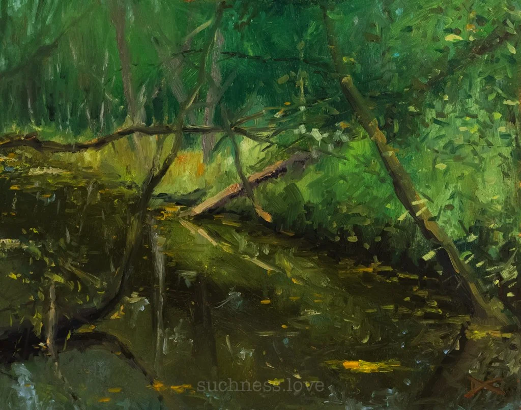 A painting of a green forest scene with dense trees, branches, and a small stream reflecting the foliage.