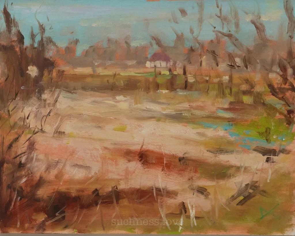 An impressionistic landscape painting depicting a muddy dirt road or field, with some sparse trees on either side and a few buildings or houses in the background under a sky with soft blue tones.