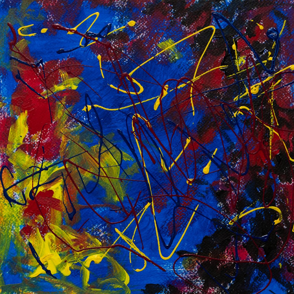 Abstract expressionist painting with blue, red, yellow, and black paint splatters and drips.